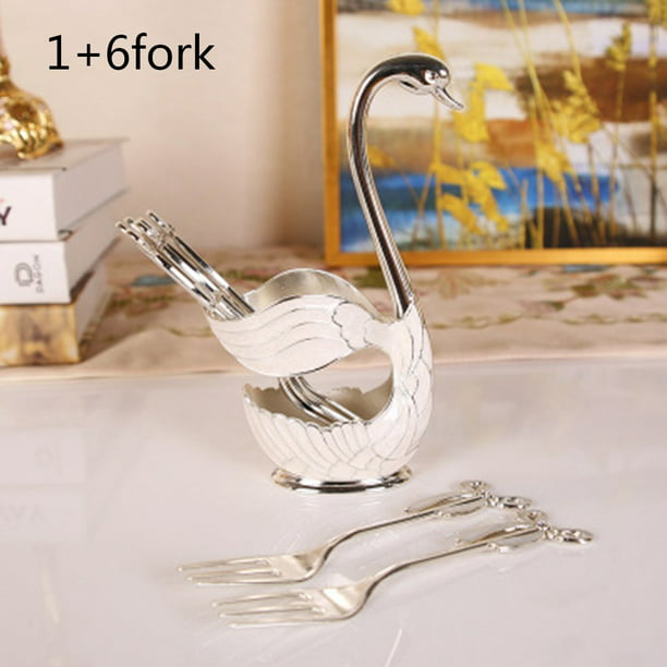 304 Stainless Steel Fruit Cake Fork Coffee Tea Spoon in Swan Holder Cutlery Set